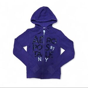 Purple Aeropostale zip-up hoodie with black sequin logo